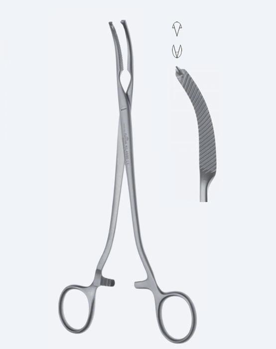 Зажими для черевної порожнини Mikulicz, вигнуті, зубчасті щелепи, зубці 2 х 1, з кремальєрою, довжина 205 мм. Бренд - Asanus Medizintechnik Gmb, Німеччина